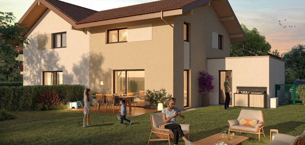 Programme immobilier neuf Source Bleue - Sciez villas duplex avec jardins et vues montagnes (74140) - Référence : 17480