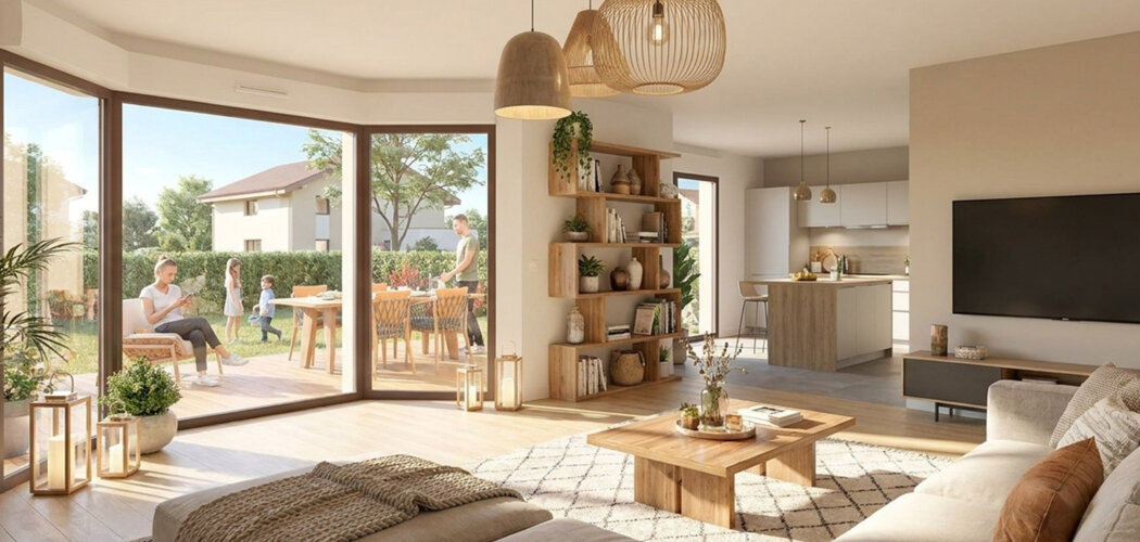 Programme immobilier neuf Source Bleue - Sciez villas duplex avec jardins et vues montagnes (74140) - Référence : 17480
